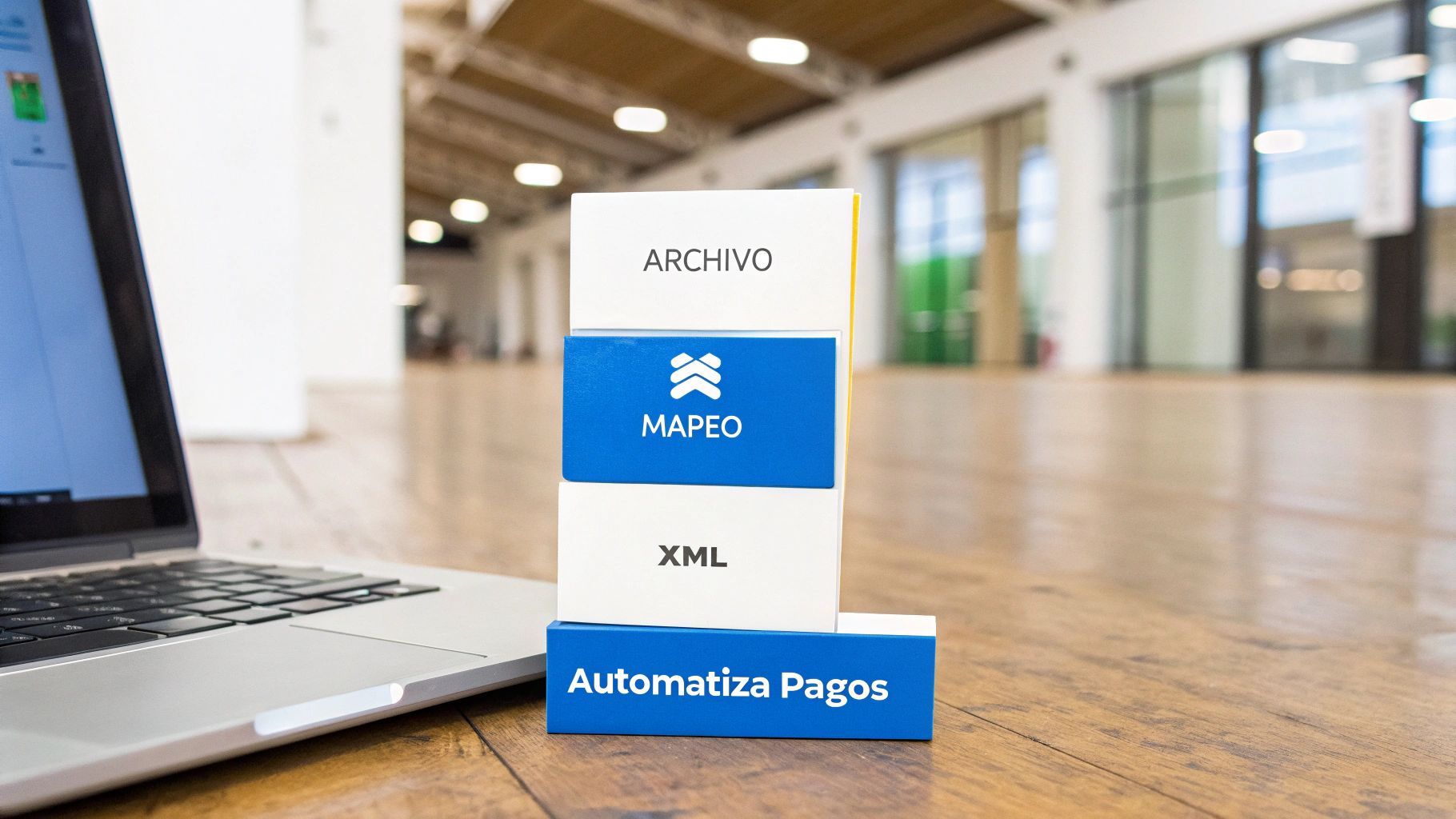 Stacked blocks with the words 'File', 'Mapping', 'XML' and 'Automate Payments' next to a laptop on a wooden floor.