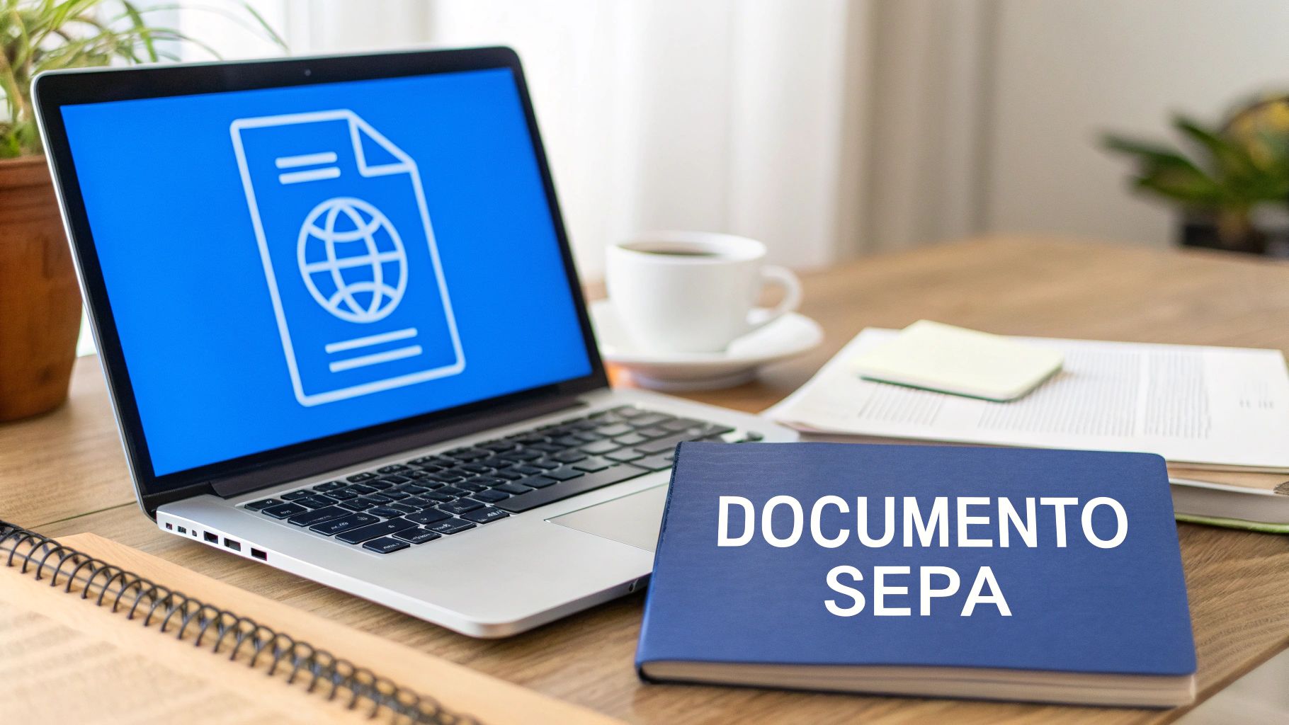Ordenador portátil con icono de pasaporte digital y libro azul 'DOCUMENTO SEPA' en un escritorio.