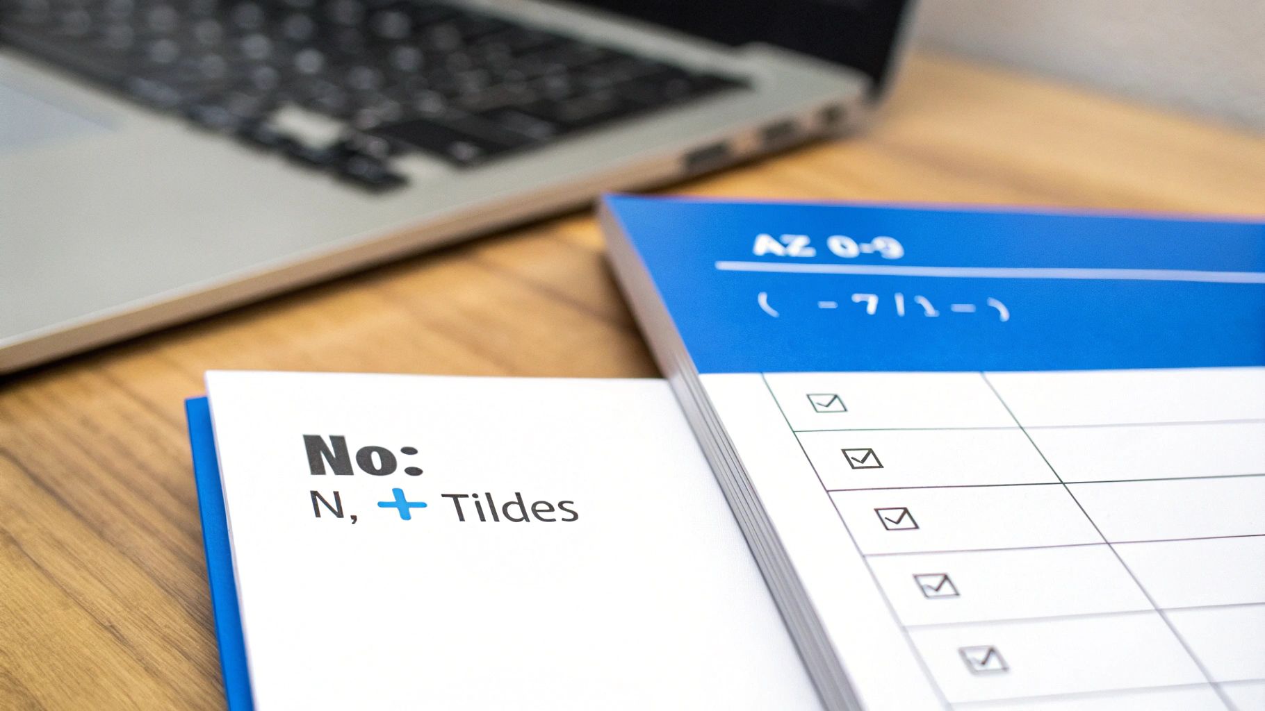 Libreta azul con "AZ 0-9", casillas marcadas y una página con "No: N, + Tildes" junto a un portátil.