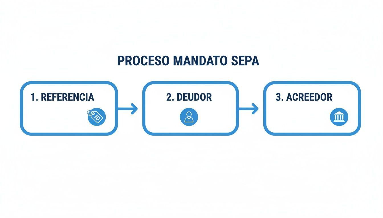 Diagrama de flujo del proceso de mandato SEPA que muestra los pasos de referencia, deudor y acreedor.