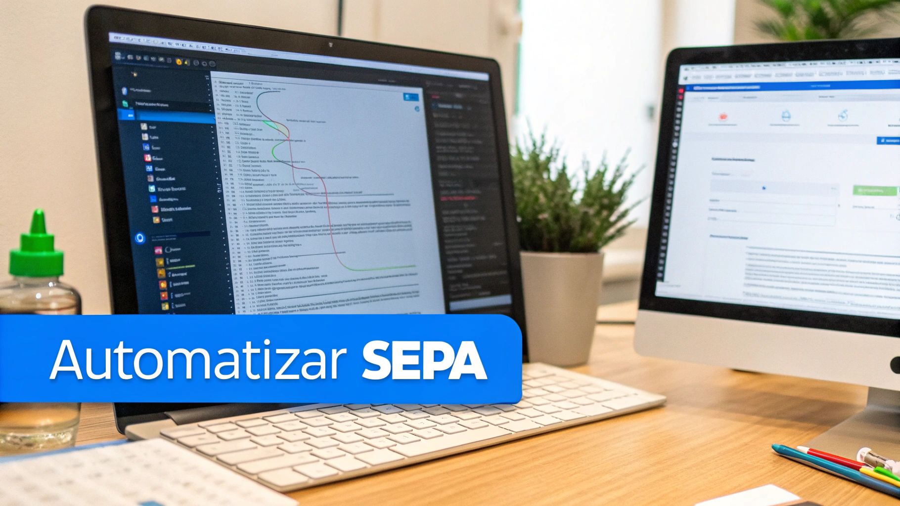 Escritorio con laptop y monitor, mostrando código y una interfaz web, con texto 'Automatizar SEPA'.