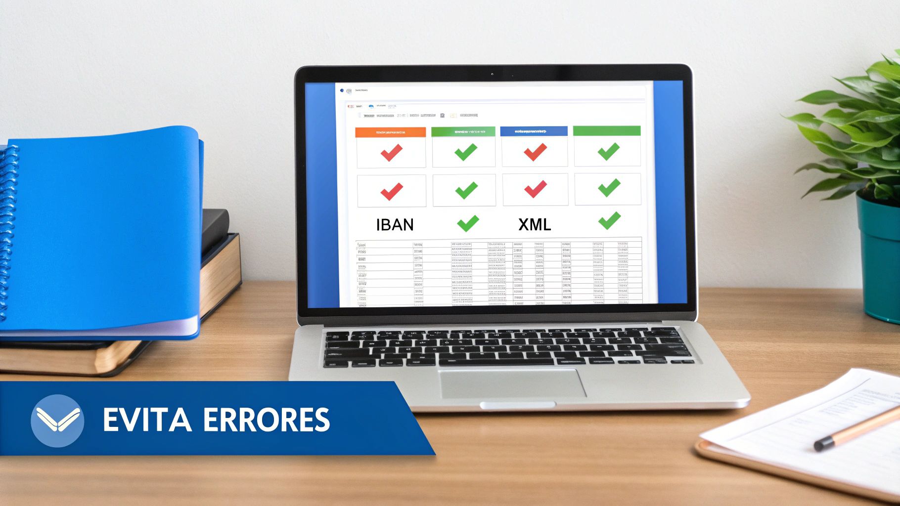 Un portátil en un escritorio con una aplicación que valida IBAN y XML, resaltando la prevención de errores.