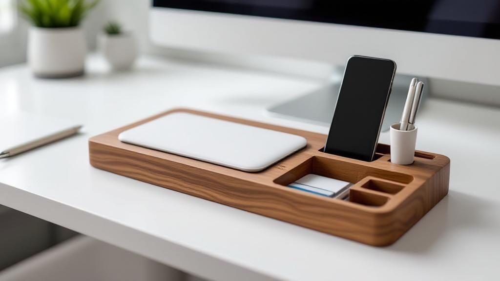 Personalized Wooden Desk Organizers with Wireless Charging