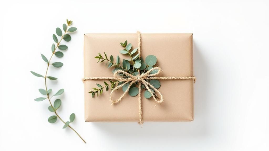 A beautifully wrapped gift using kraft paper, twine, and a sprig of fresh evergreen, showcasing the botanical wrapping style.
