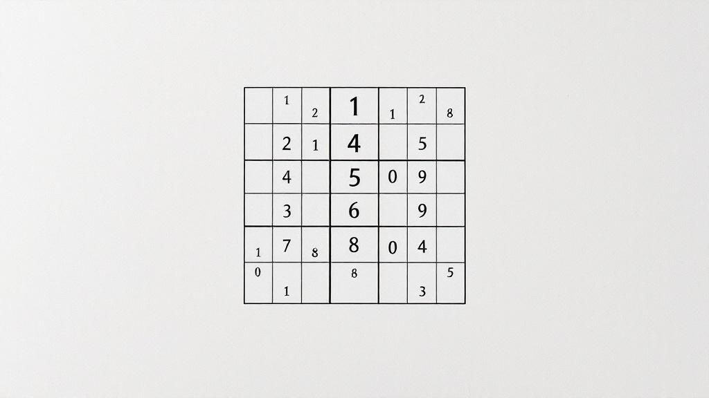 A person's hands filling out a Sudoku puzzle with a pen.