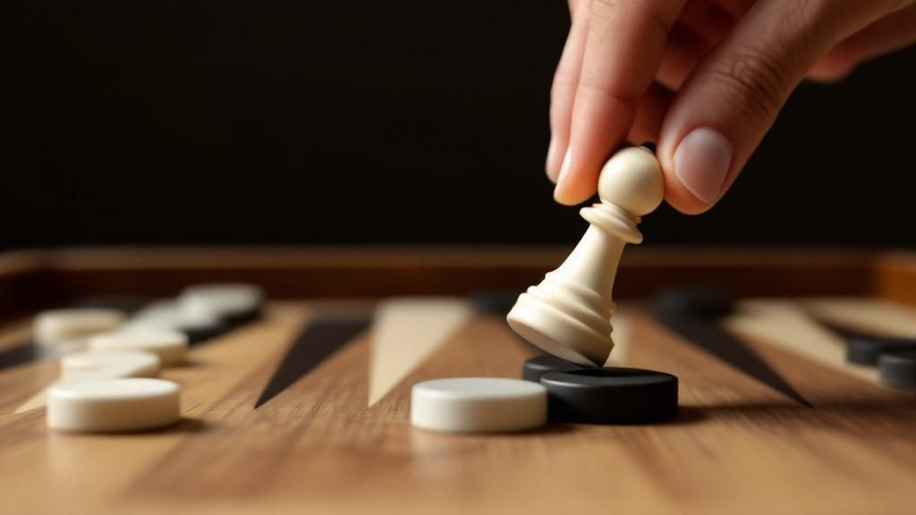 A backgammon checker on the bar, looking out over the opponent's home board, illustrating the concept of being hit.