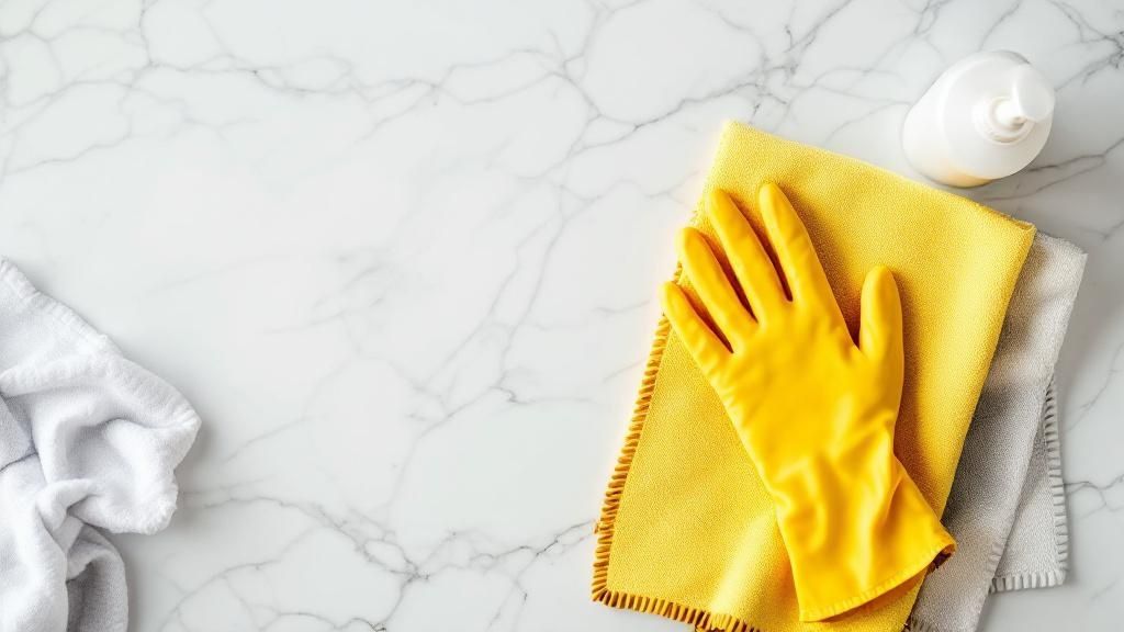 An organized set of marble cleaning supplies including microfiber cloths and a spray bottle.