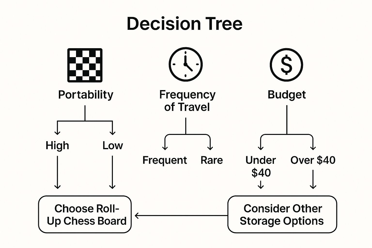 Infographic showing a decision tree for choosing a roll-up chess set based on portability, travel frequency, and budget.
