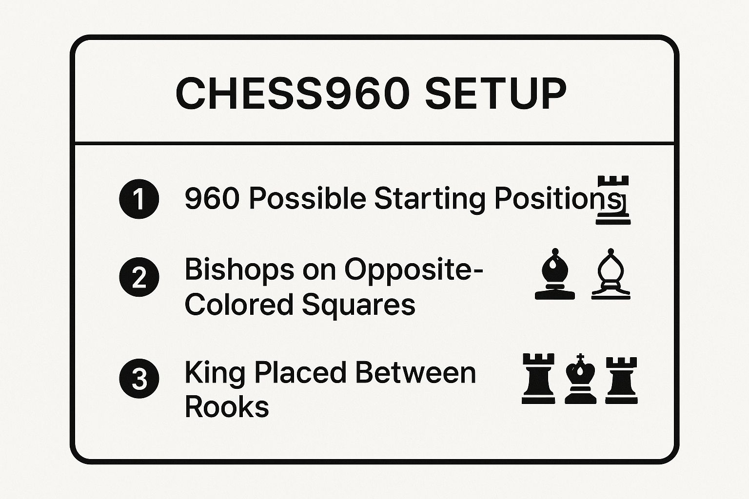 Infographic summarizing the setup rules for Chess960, titled 'Chess960 Setup' with three key points: 960 Possible Starting Positions, Bishops on Opposite-Colored Squares, and King Placed Between Rooks.