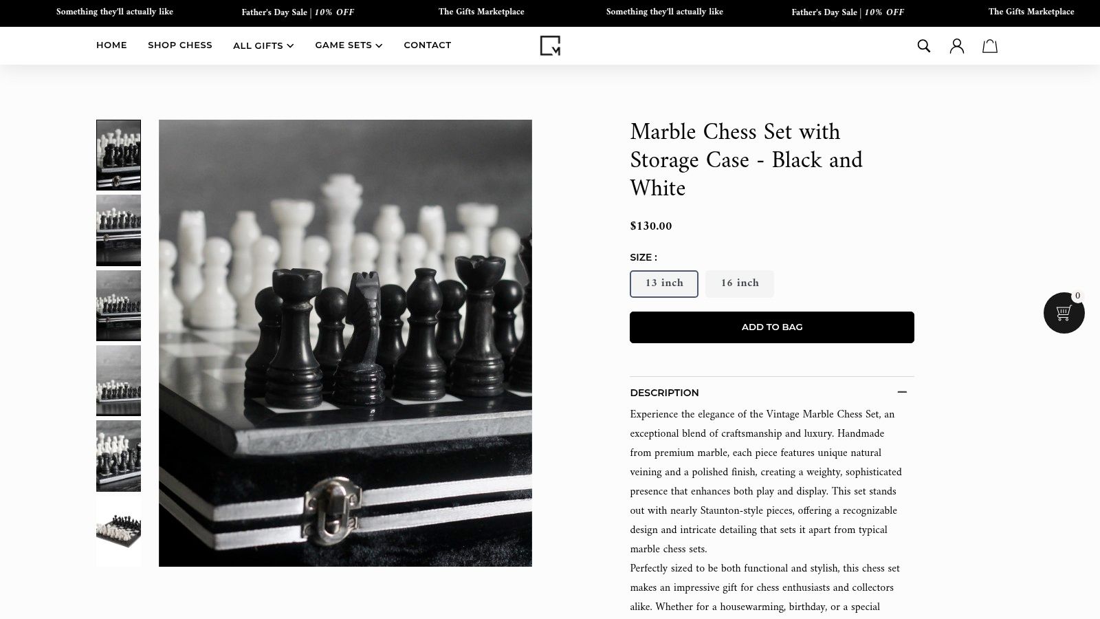 Marble Chess Set with Storage Case - Black and White