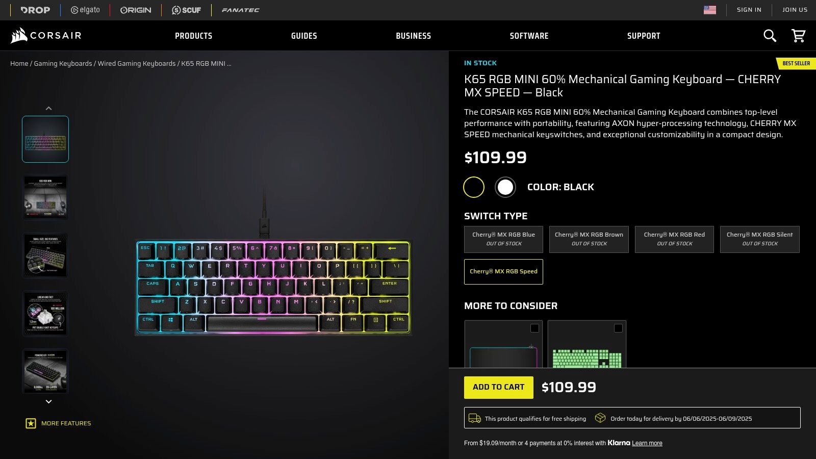 Corsair K65 RGB Mini 60% Mechanical Keyboard