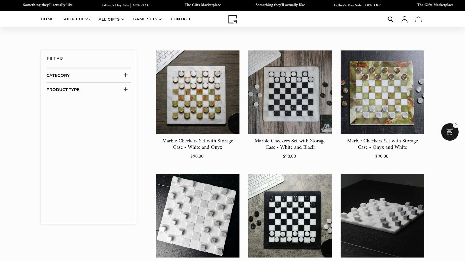 An elegant checkers set with black and white marble pieces on a matching board, displayed in a sophisticated setting.
