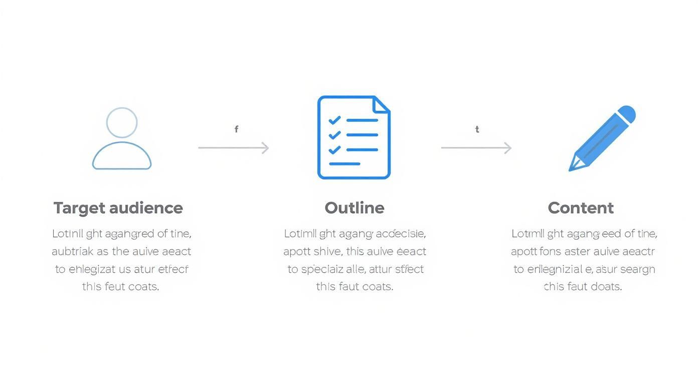 Drei Schritte zur Inhaltserstellung: Zielgruppe, Gliederung und Inhalt, dargestellt mit Symbolen und Pfeilen.