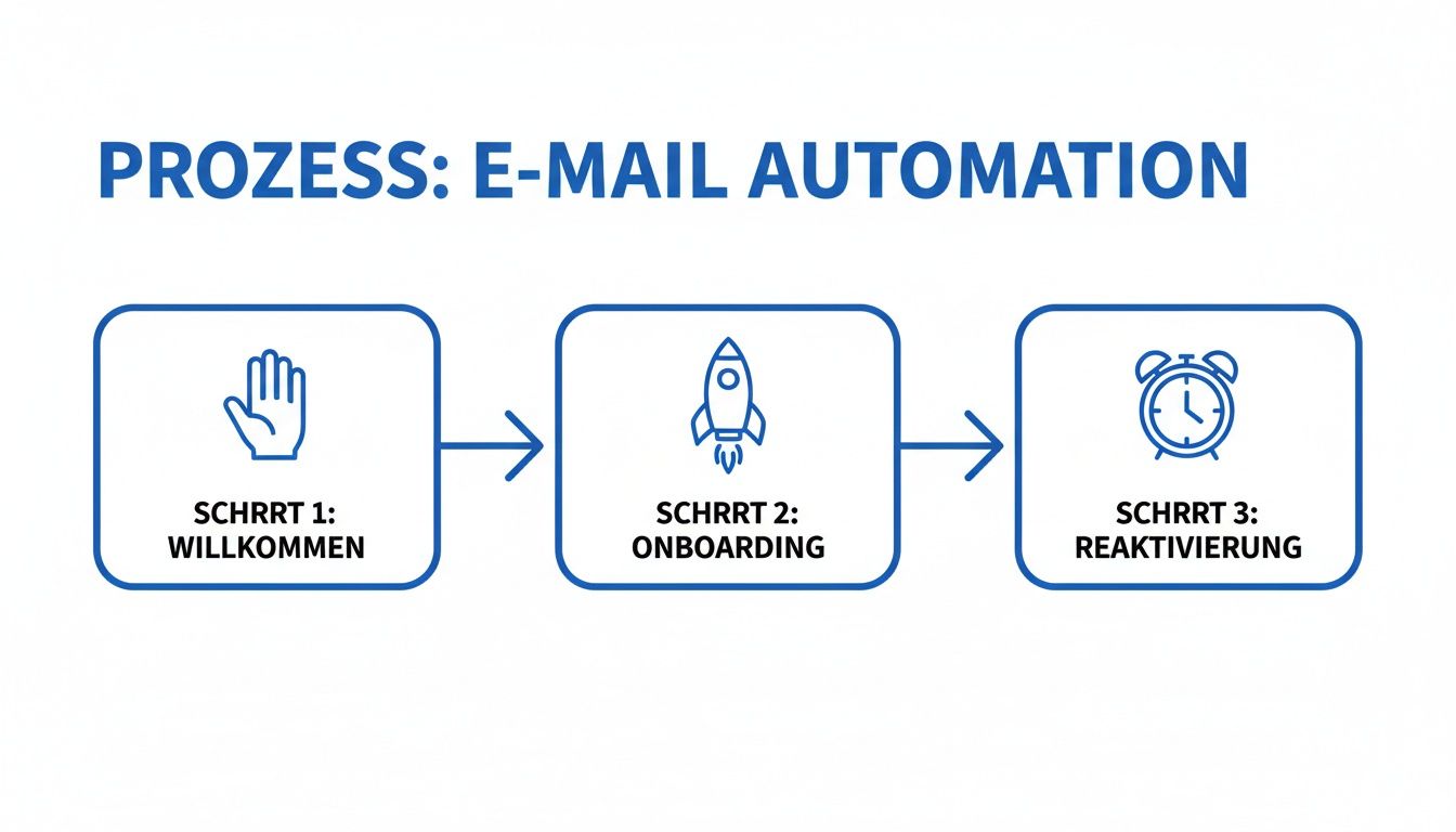 Flussdiagramm des E-Mail-Automatisierungsprozesses mit den Schritten Willkommen, Onboarding und Reaktivierung.
