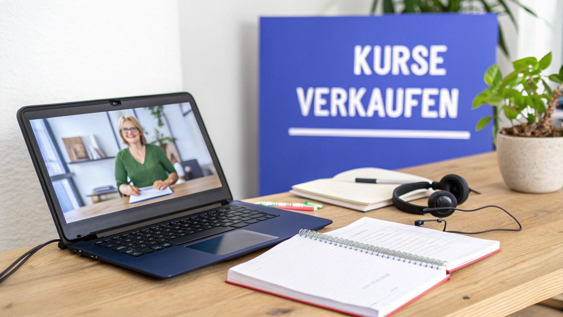 Laptop zeigt Online-Kurs mit Lehrerin, daneben Notizbuch und Schild 'Kurse verkaufen' auf Schreibtisch