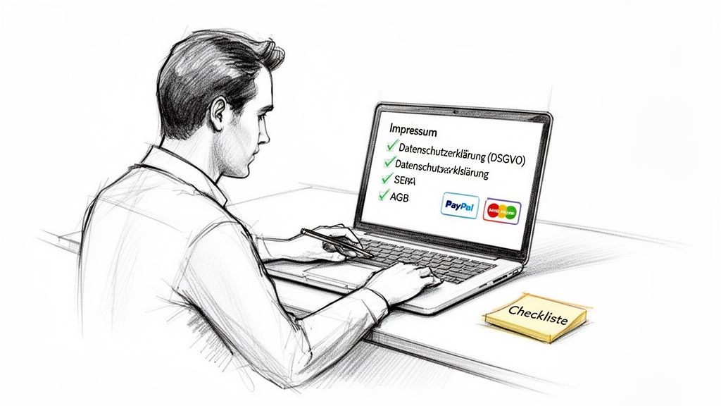 Mann am Laptop überprüft rechtliche Hinweise (Impressum, DSGVO, AGB) und Zahlungsoptionen (PayPal, Kreditkarte).