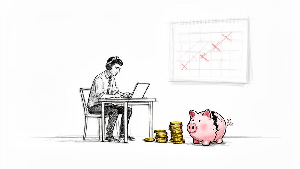 Ein Mann mit Kopfhörern arbeitet am Laptop, daneben ein zerbrochenes Sparschwein und Münzstapel. Ein Kalender zeigt rote Kreuze.