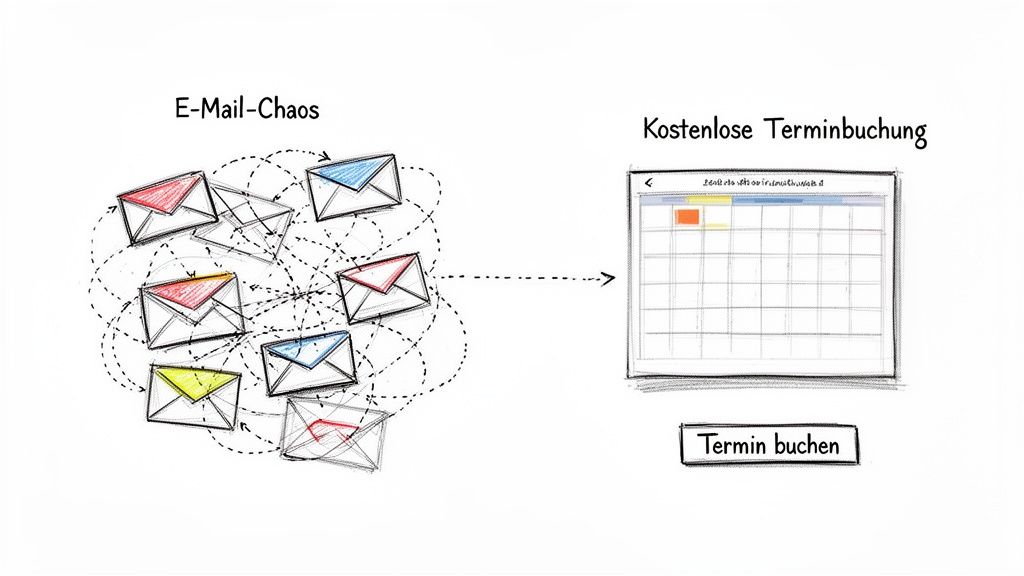 Bild zeigt E-Mail-Chaos, das in eine kostenlose Online-Terminbuchung überführt wird, um Effizienz zu schaffen.