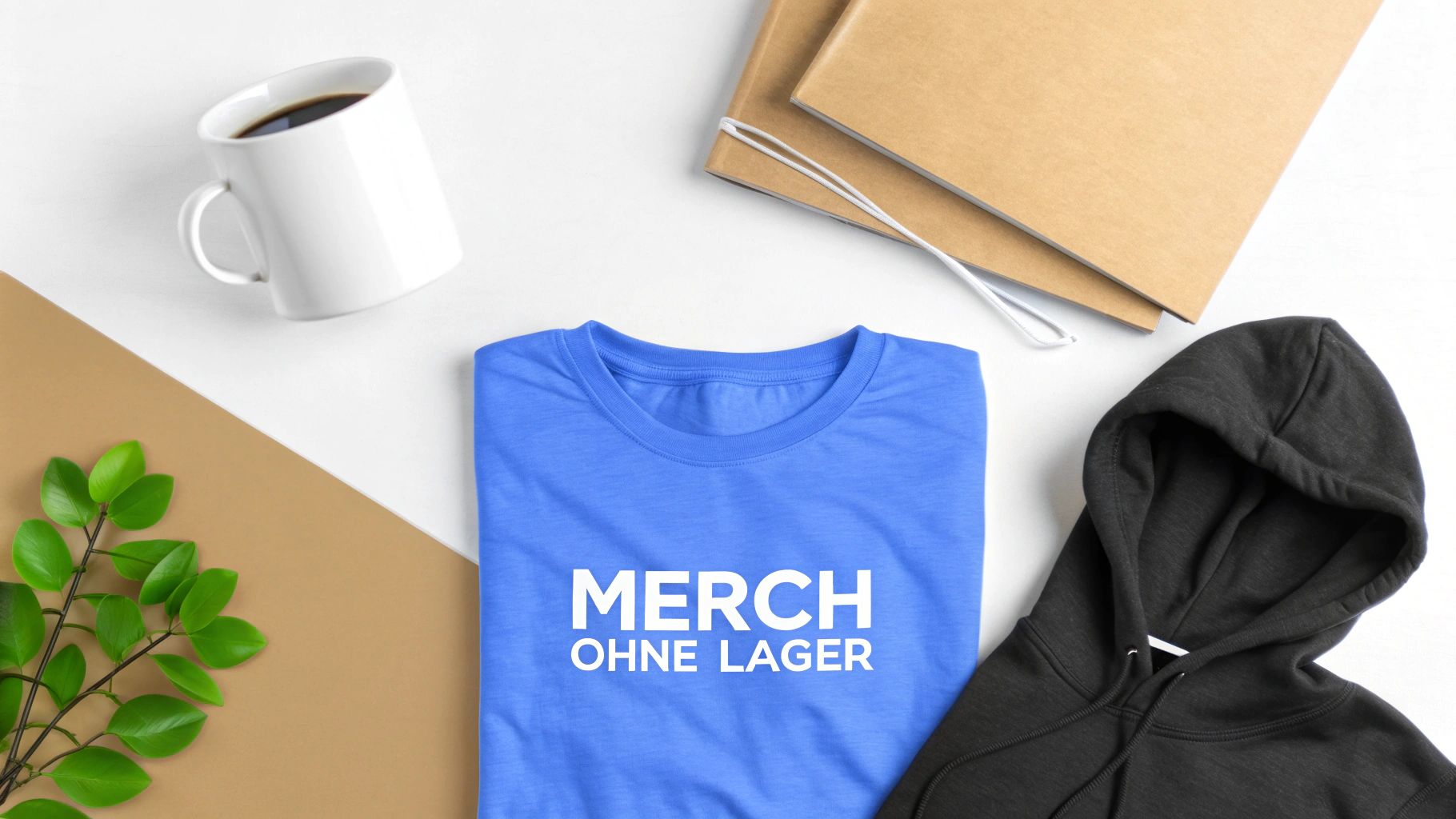 Blaues T-Shirt mit Aufdruck 'Merch ohne Lager', schwarzer Hoodie, Kaffeetasse und Notizbücher auf weißem Schreibtisch