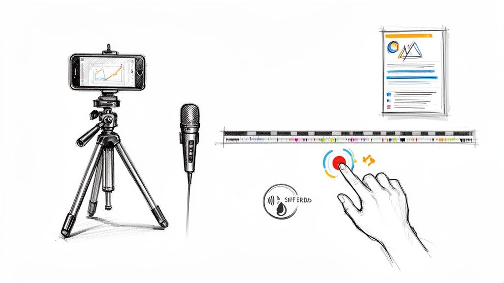 Skizze einer Ausrüstung zum Erstellen von Online-Kursen: Smartphone, Mikrofon, Timeline und Interaktion.