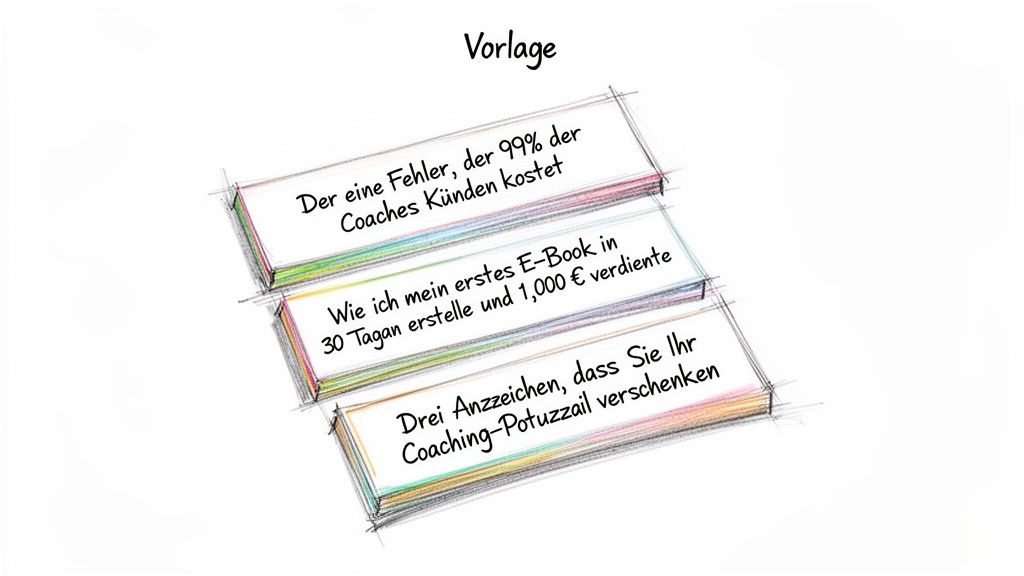 Vorlage mit drei Beispiel-Coaching-Themen oder Schlagzeilen auf gestapelten Notizzetteln für Coaches.
