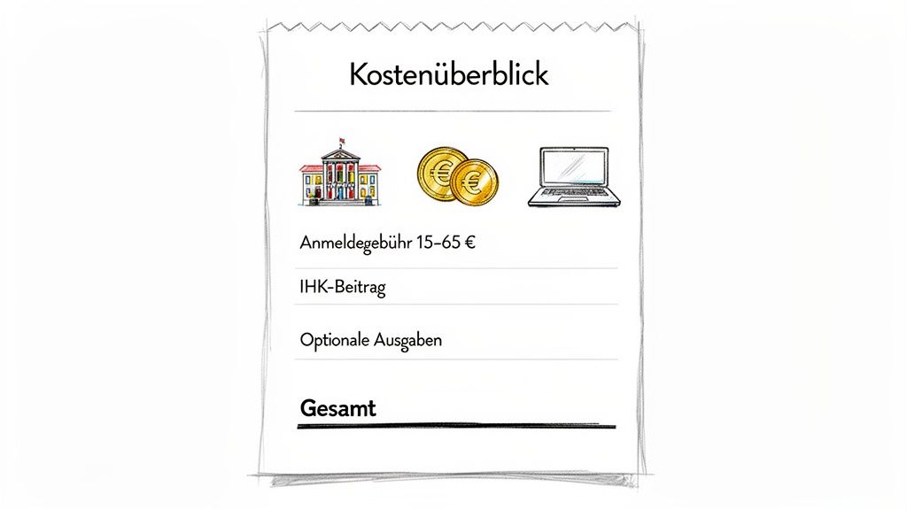 Übersicht der Kosten für eine Geschäftsanmeldung, inklusive Anmeldegebühr, IHK-Beitrag und optionalen Ausgaben.