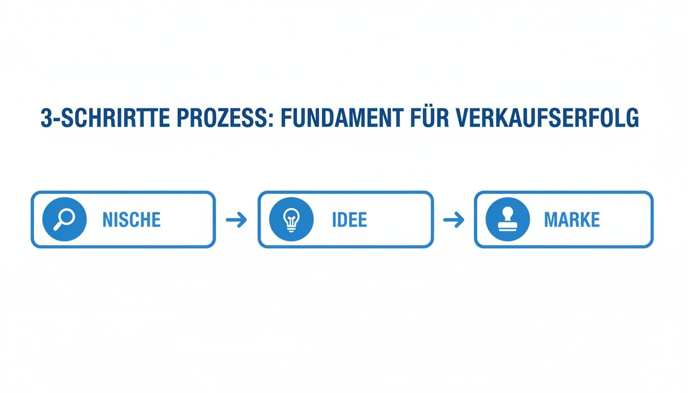 Visualisierung eines 3-Schritte-Prozesses für Verkaufserfolg: Nische, Idee und Marke als Fundament.