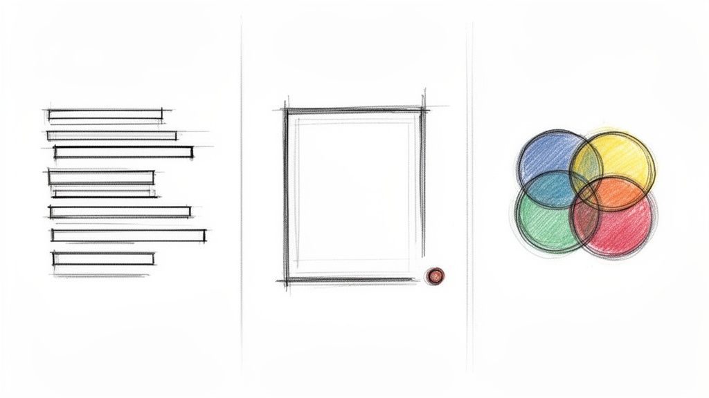 Bleistiftskizzen auf weißem Papier: Textblöcke, ein rechteckiger Rahmen mit Knopf und überlappende farbige Kreise.