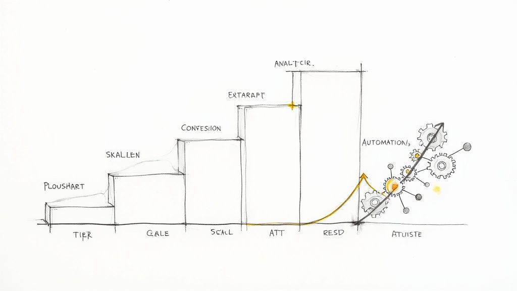 Eine Skizze zeigt die Entwicklung von Analyse-Stufen zu einem Automatisierungsprozess mit Zahnrädern.