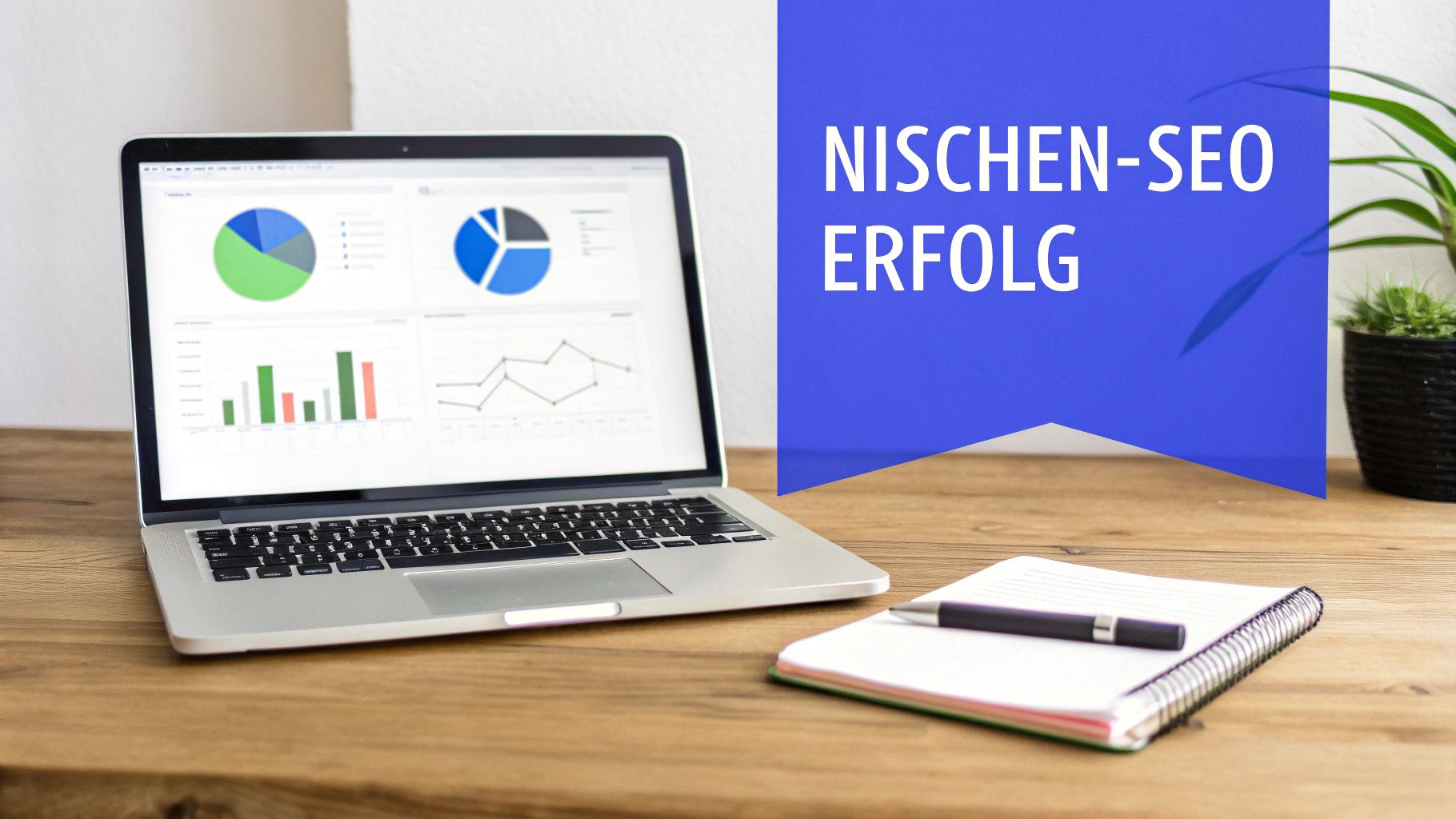 Ein Laptop zeigt SEO-Analyse-Diagramme auf einem Holztisch mit Notizbuch und Stift. Ein Banner verkündet 'Nischen-SEO Erfolg'.