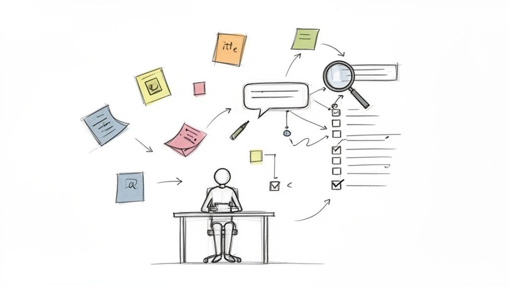 Skizze einer Person am Schreibtisch, die Ideen sammelt, Notizen ordnet und eine Checkliste abarbeitet.