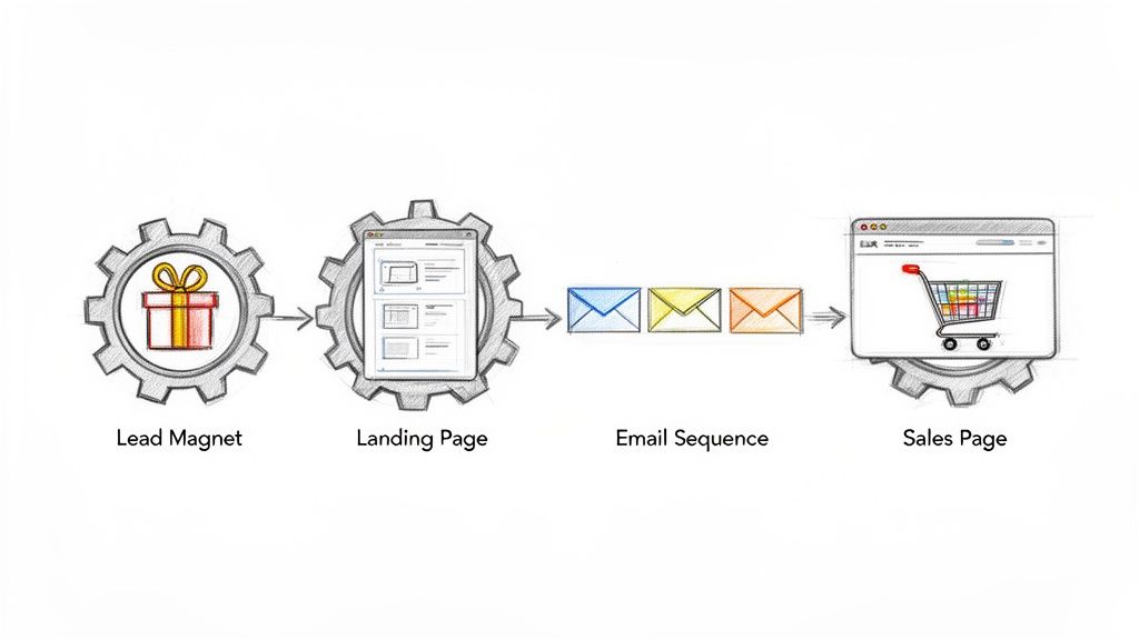 Darstellung eines digitalen Marketing-Funnels: Von Lead-Magnet über Landing Page und E-Mail-Sequenz bis zur Verkaufsseite.