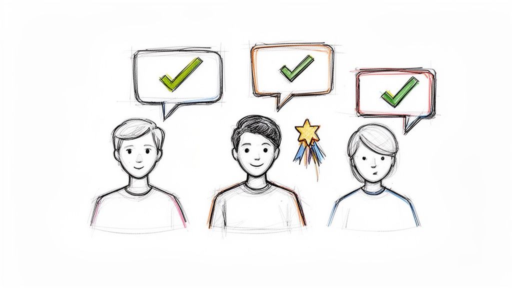 Skizze von drei Personen, die positive Rückmeldungen durch grüne Häckchen erhalten. Eine Person hat einen goldenen Belohnungsstern.