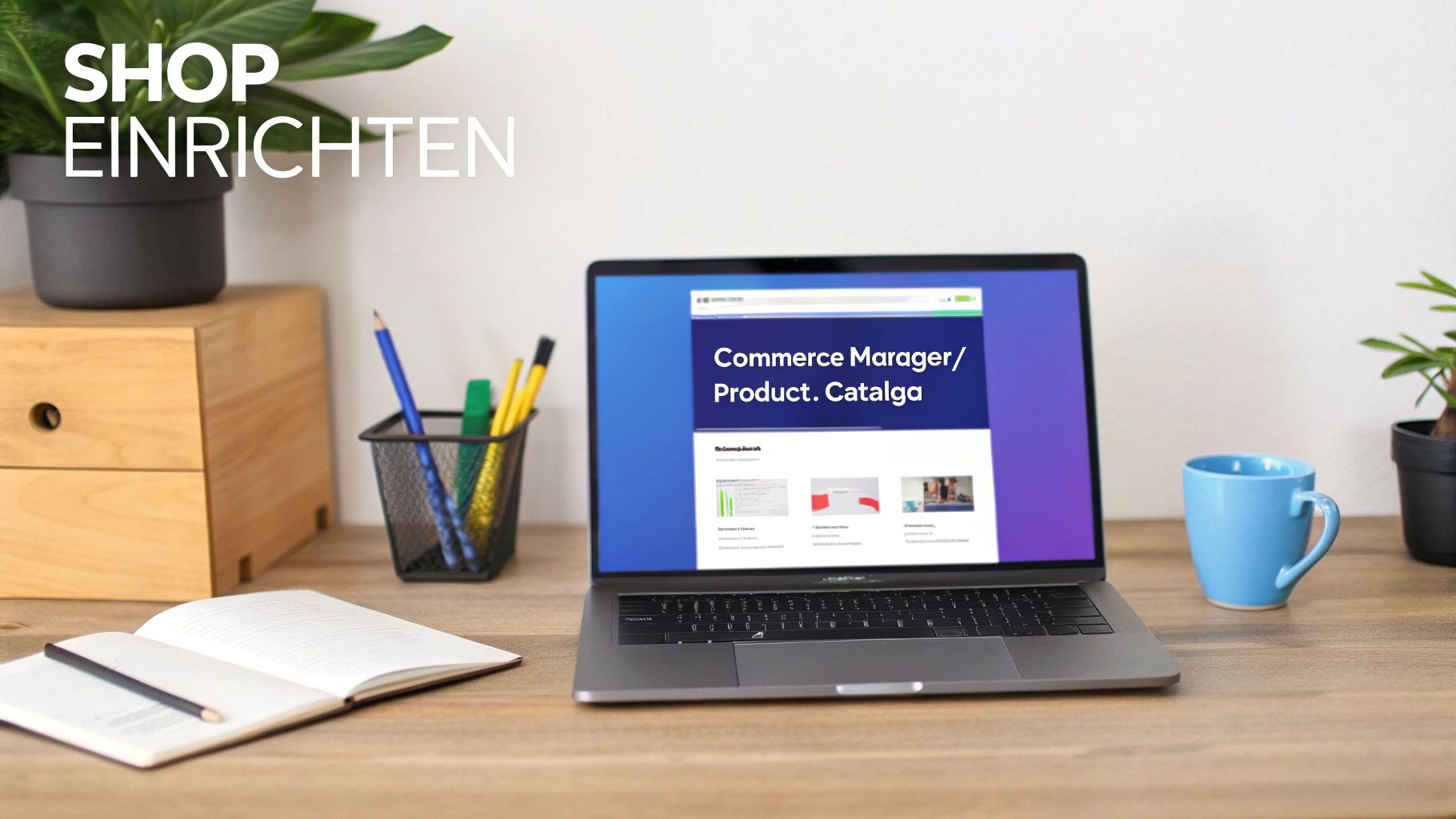 Eine Person richtet Instagram Shopping auf ihrem Laptop ein, mit Symbolen für Facebook-Verknüpfung und Produktkatalog im Hintergrund.