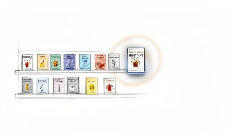 Skizze von zwei Bücherregalen mit vielen Büchern, ein Buch ist deutlich hervorgehoben.