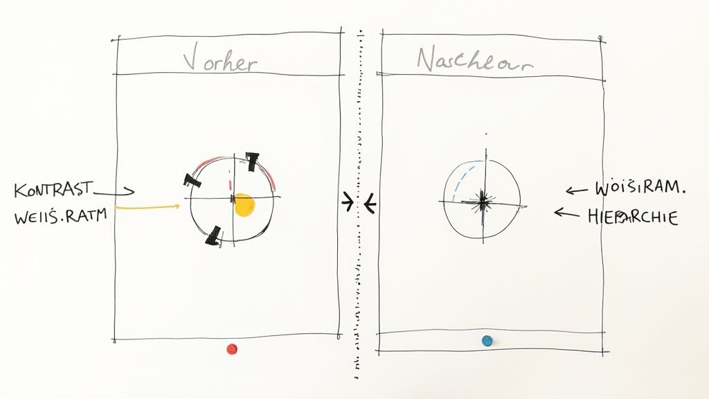 Zwei Schemata 'Vorher' und 'Nachher' veranschaulichen die Optimierung von Kontrast, Weißraum und Hierarchie in einem Design.