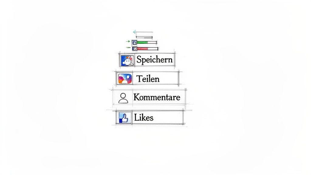 Konzeptskizze von Social-Media-Interaktionen: Speichern, Teilen, Kommentare und Likes mit Datenflusselementen.