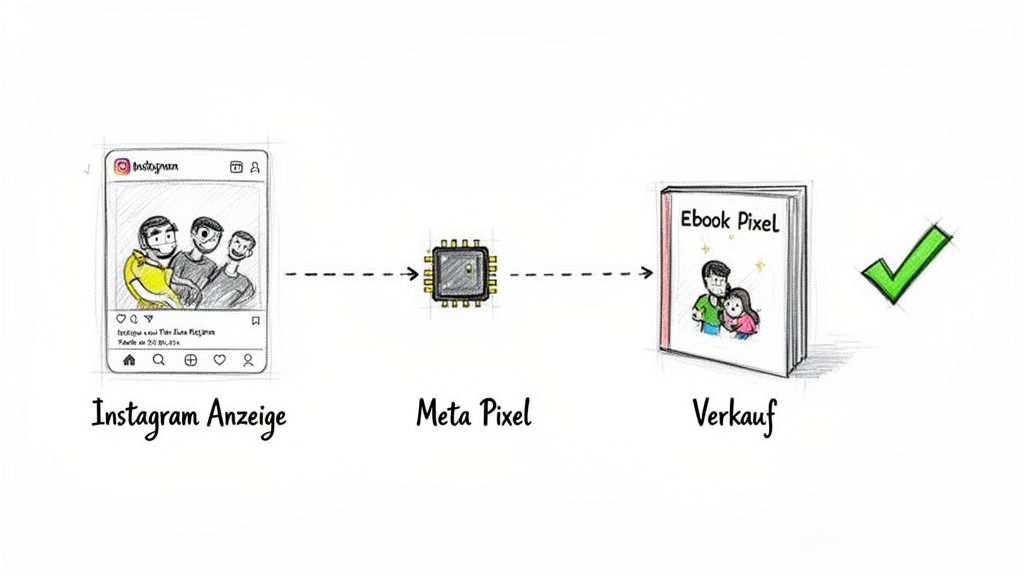 Diagramm: Instagram-Anzeige, Meta Pixel und Ebook-Verkauf. Zeigt den Weg einer Anzeige zum erfolgreichen Kauf.