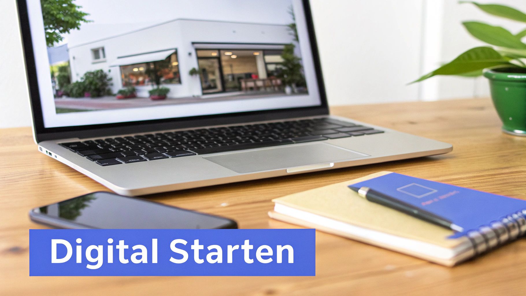 Laptop auf Holztisch zeigt modernes Gebäude, daneben Smartphone und Notizbuch mit Stift. Überschrift: Digital Starten.