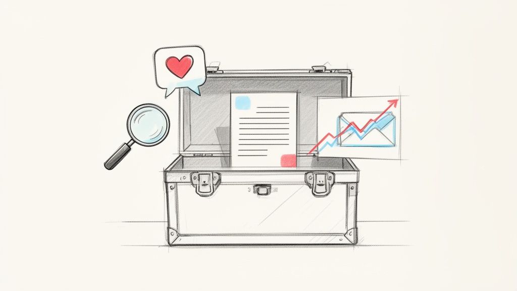 Eine offene Aktentasche mit Dokumenten, einem wachsenden Diagramm und einer Lupe symbolisiert digitales Marketing und Analyse.