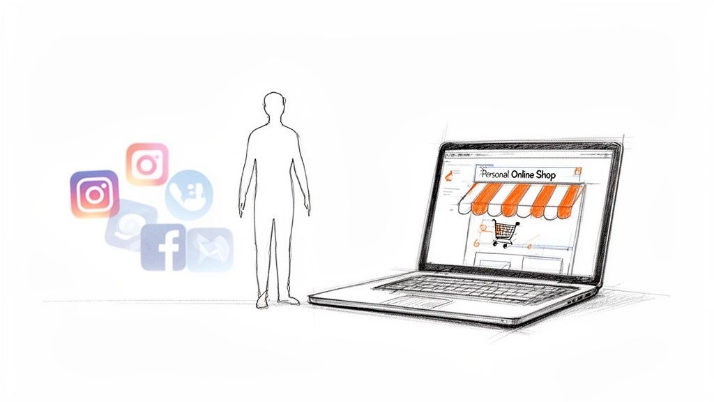 Eine Skizze zeigt eine Person, Social-Media-Icons und einen Laptop mit einem persönlichen Online-Shop.