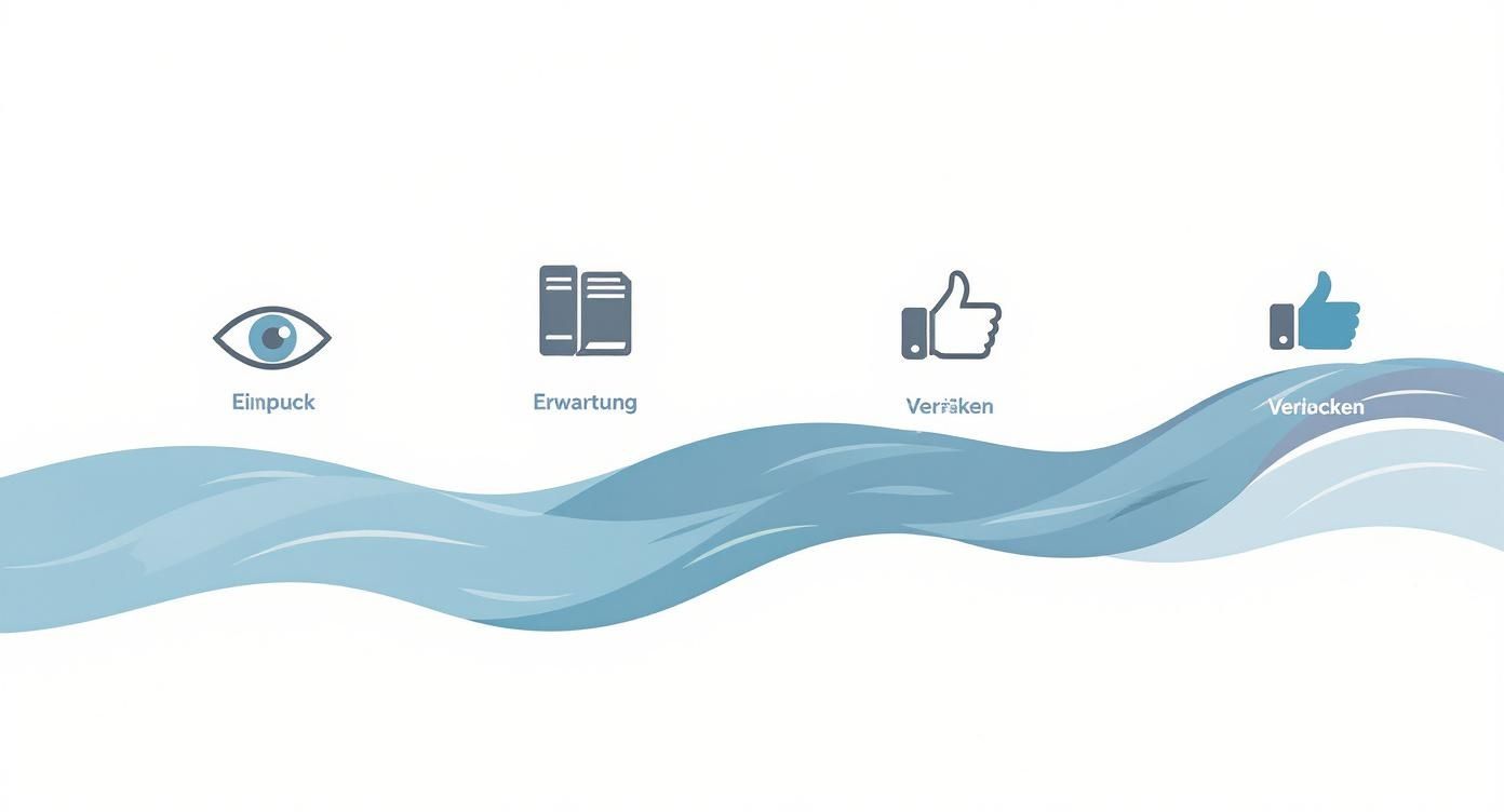 Prozessdarstellung mit vier Schritten: Einblick (Auge), Erwartung (Dokumente), Verifikation (Daumen hoch), Verlockung (Daumen hoch).