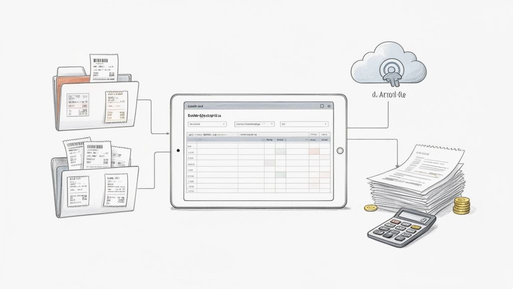 Digitalisierung von Belegen und Finanzdokumenten: Quittungen, Tablet-Eingabe, Cloud-Speicher und Buchhaltungswerkzeuge.