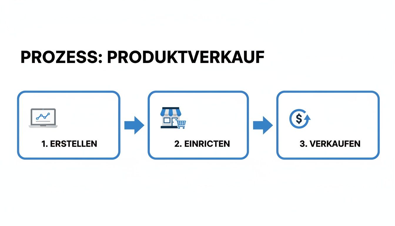 Flussdiagramm zeigt den dreistufigen Prozess des Produktverkaufs: Erstellen, Einrichten und Verkaufen mit entsprechenden Symbolen.
