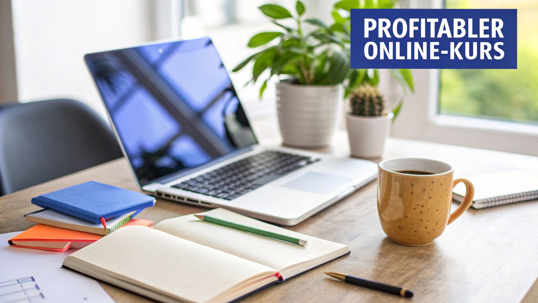 Eine Person plant an einem Laptop die Erstellung eines Online-Kurses in einem modernen Arbeitsbereich.