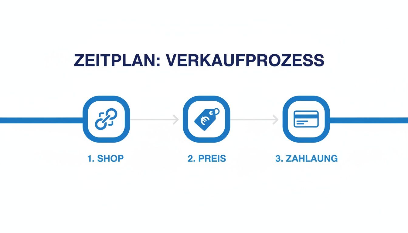 Visualisierung des Verkaufsprozesses in drei Schritten: Shop, Preis und Zahlung.