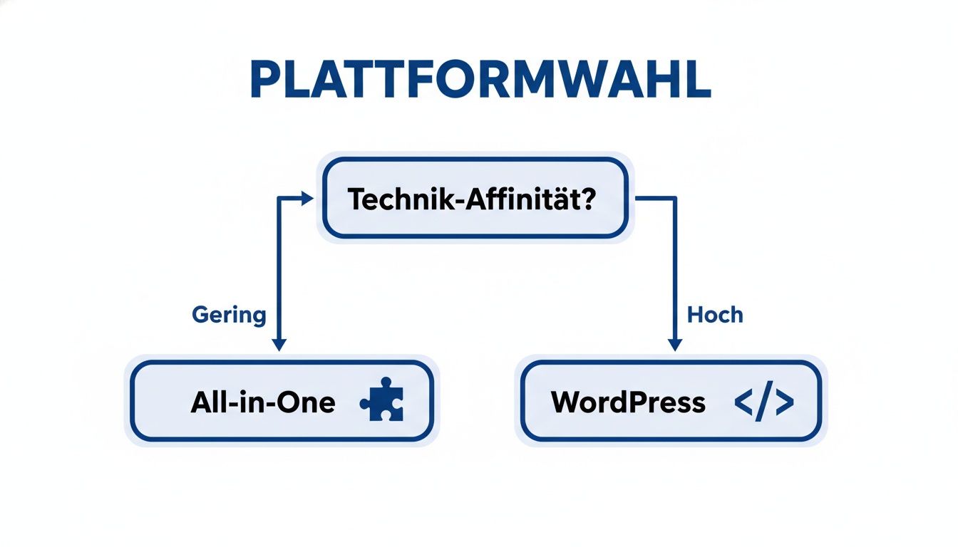 Flussdiagramm zur Plattformwahl für Online-Kurse, das auf Technik-Affinität basiert und zwei Optionen bietet.