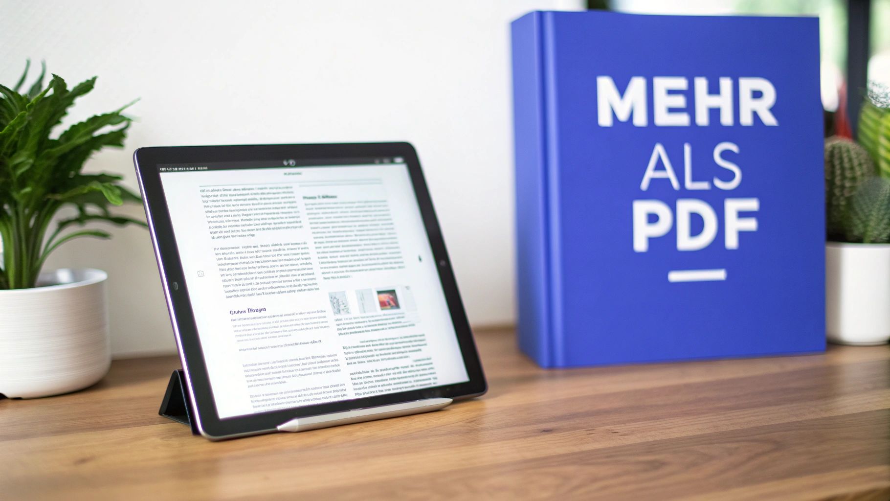 Eine Person liest ein E-Book auf einem Tablet, während im Hintergrund Bücherregale zu sehen sind, was den Übergang von physischem zu digitalem Wissen symbolisiert.