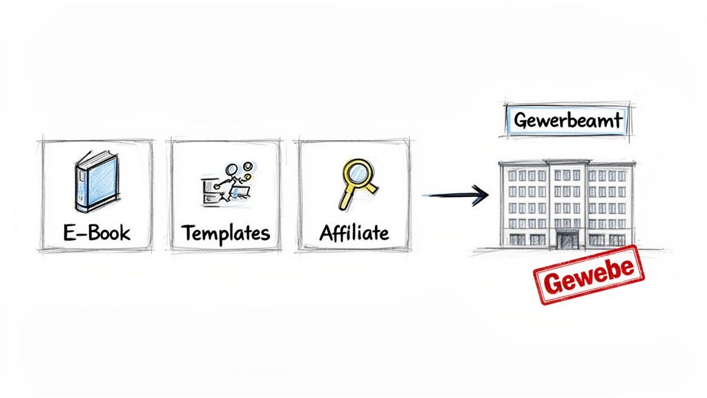 Grafik zeigt E-Book, Templates, Affiliate-Marketing als Tätigkeiten, die zur Gewerbeanmeldung beim Gewerbeamt führen.