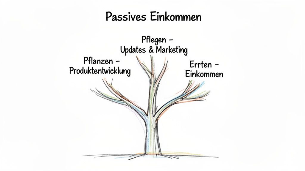 Abbildung eines Baums, der die drei Phasen des passiven Einkommens darstellt: Produktentwicklung, Marketing und Einkommenserzielung.